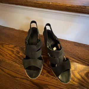 Black Vaneli Nubuck sling back wedge sandals